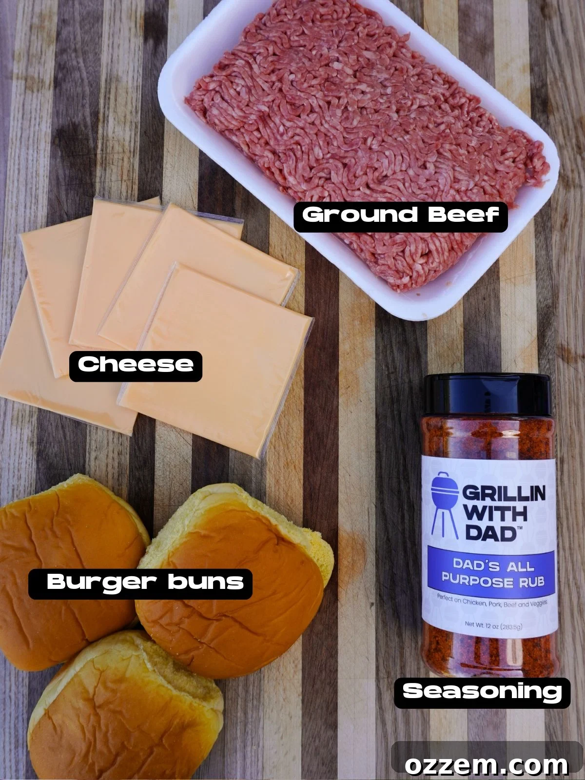 Smash burger ingredients laid out, including ground beef, cheese, buns, and condiments.
