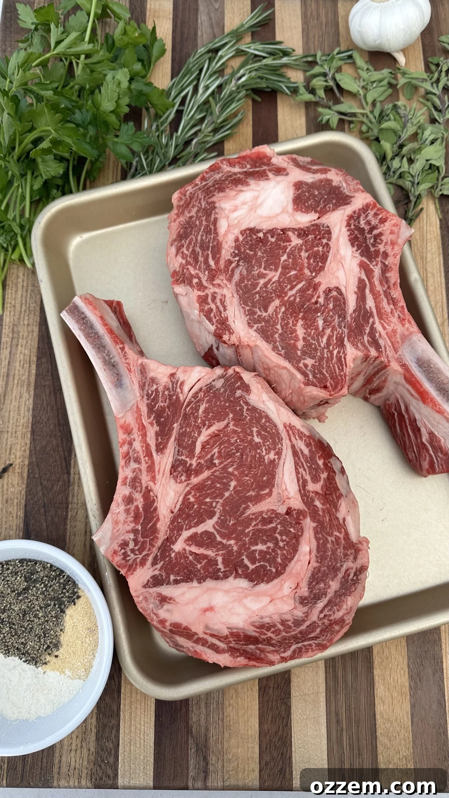 Prime Cut & Catch 3 Surf and Turf ingredients: Cowboy ribeye, giant shrimp, and fresh herbs for butter