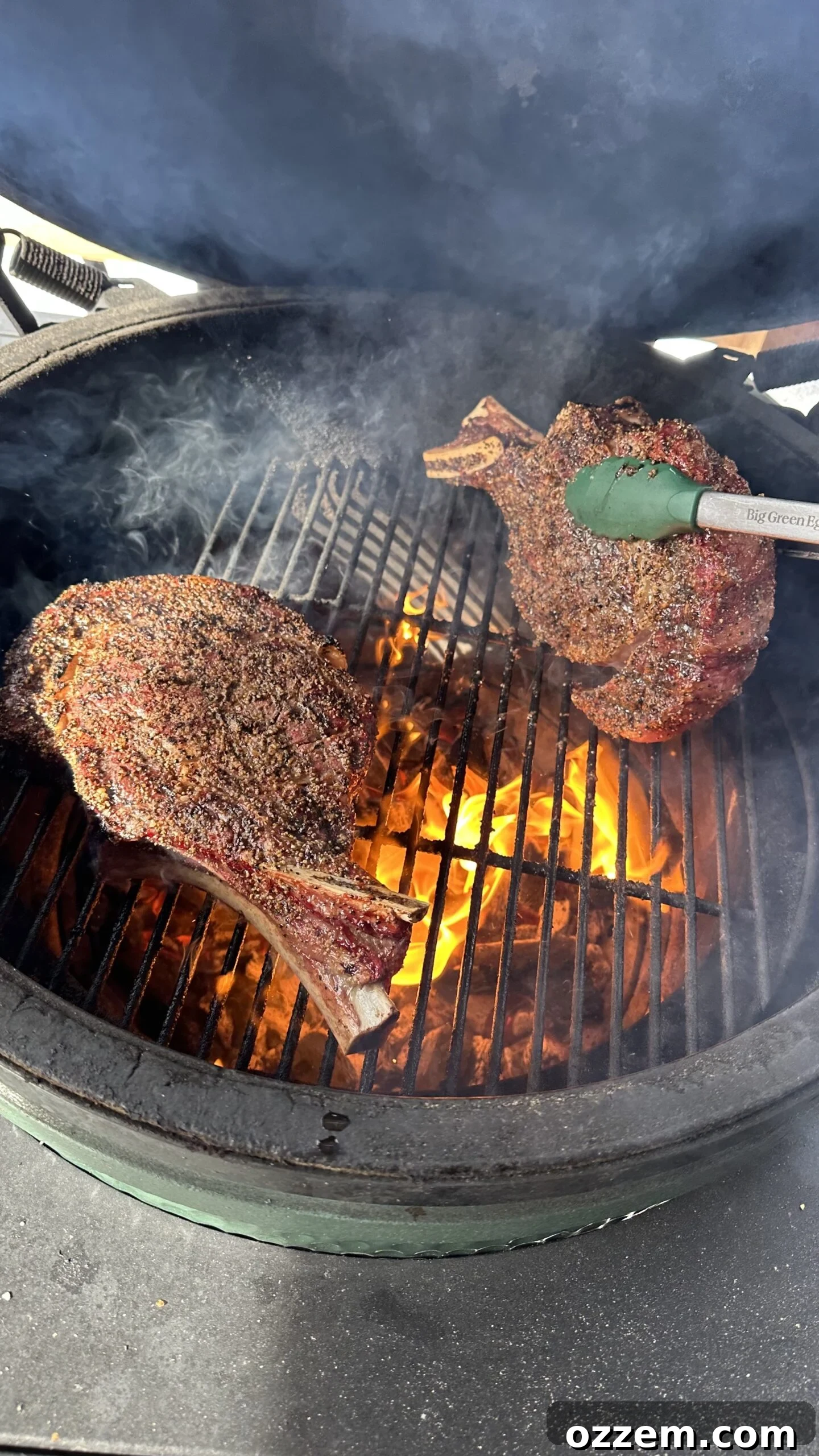 Prime Cut & Catch 4 Ribeye Sear: Cowboy ribeye developing a perfect crust on a hot grill