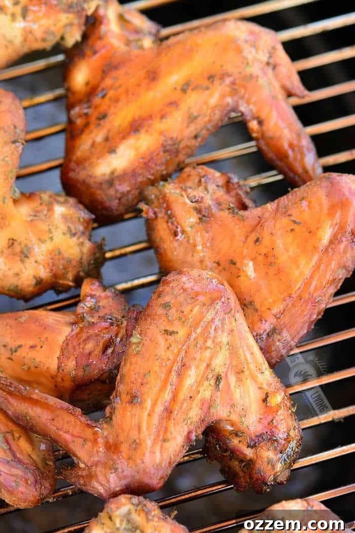 smoked wings on the grate of the smoker