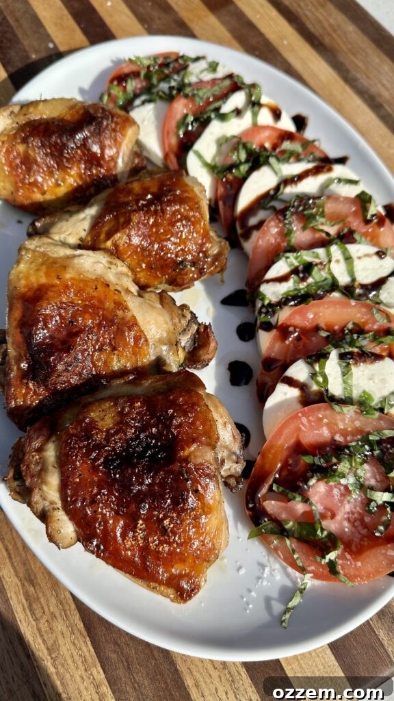 Golden Roasted Chicken Thighs 2 Crispy Roasted Chicken Thighs with Caprese Salad