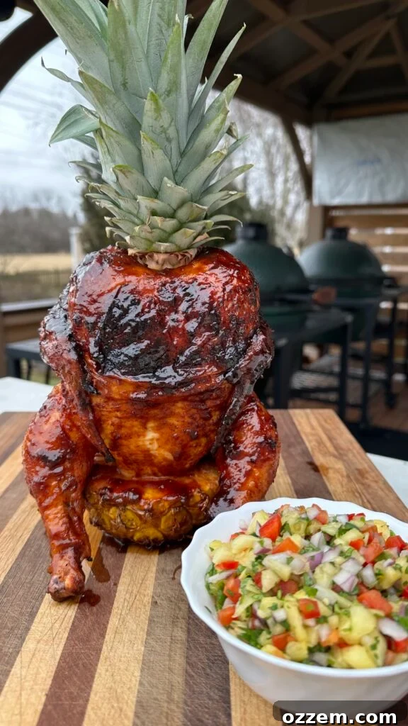 Pineapple Throne Chicken on a cutting board with a bowl of pineapple salsa. 