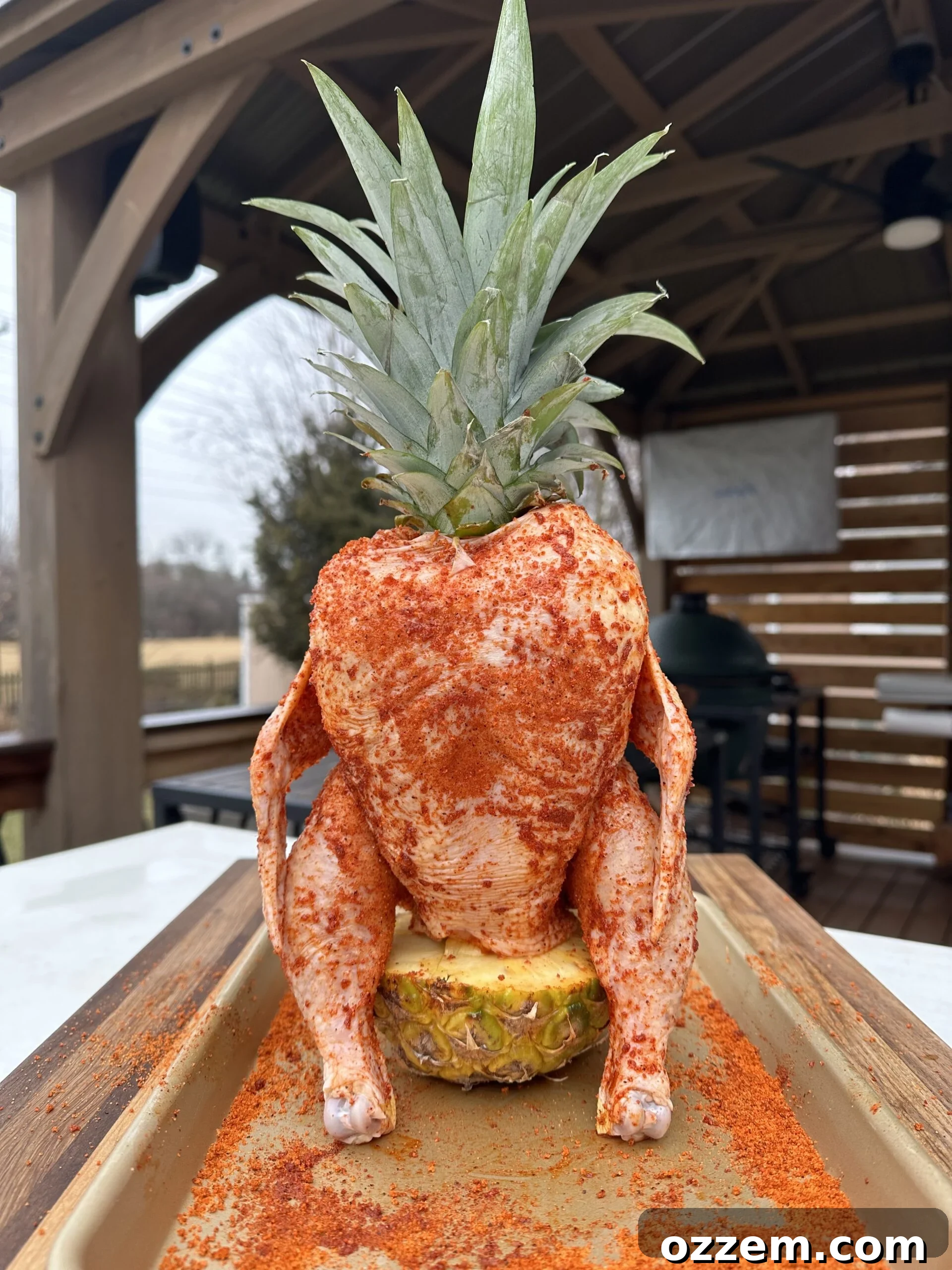 Seasoned chicken sitting on top of a pineapple core. 