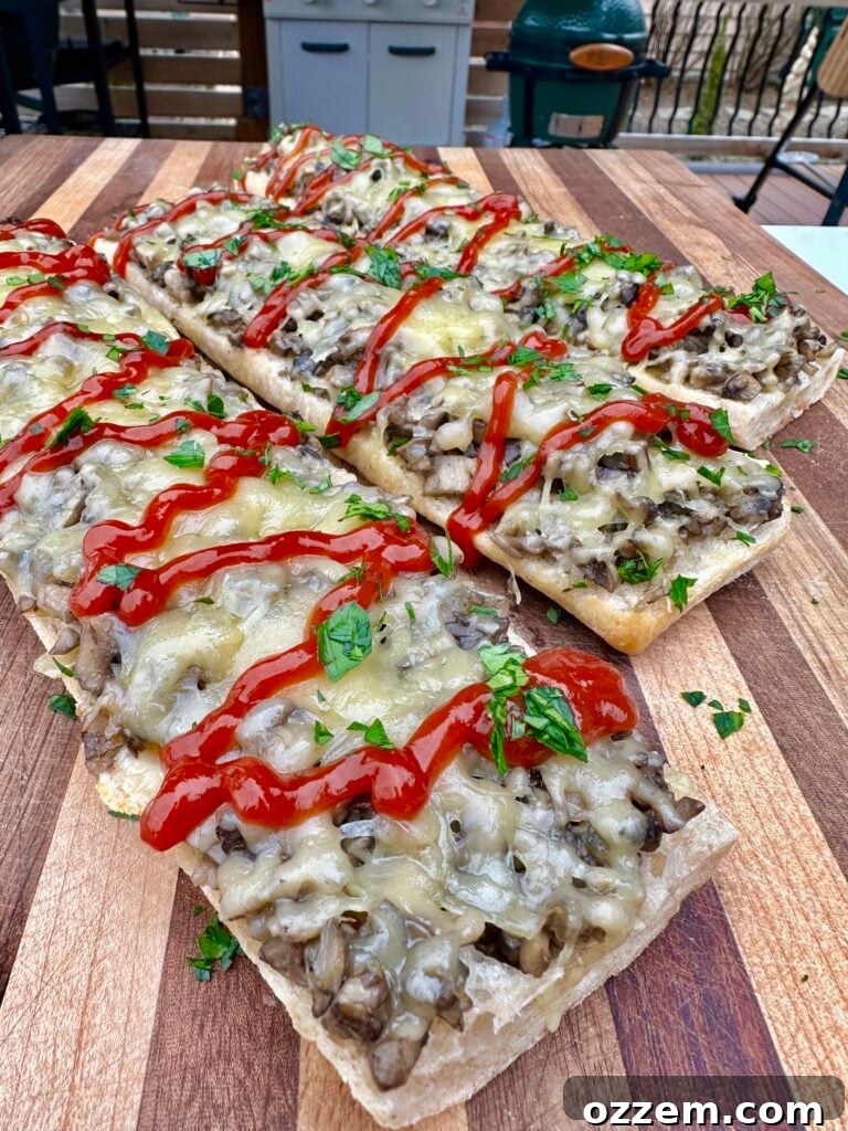 Delicious homemade Polish Zapiekanka with melted cheese and fresh parsley.