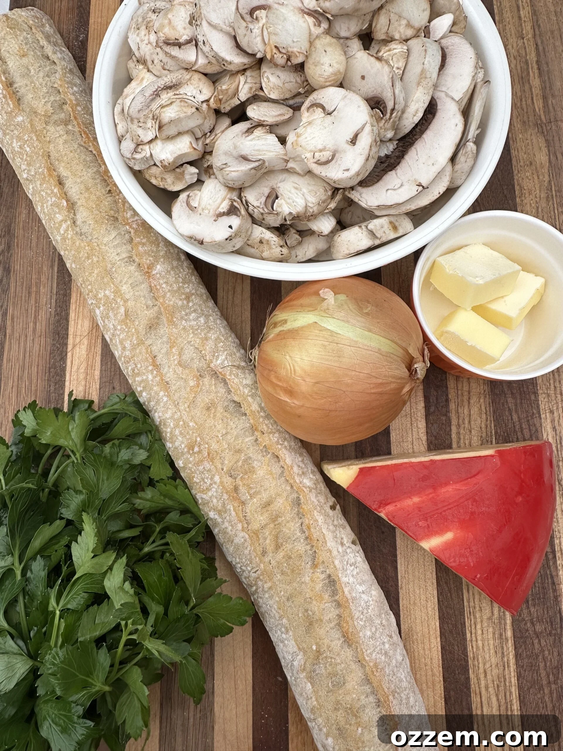 Polish Zapiekanka ingredients including mushrooms and onions