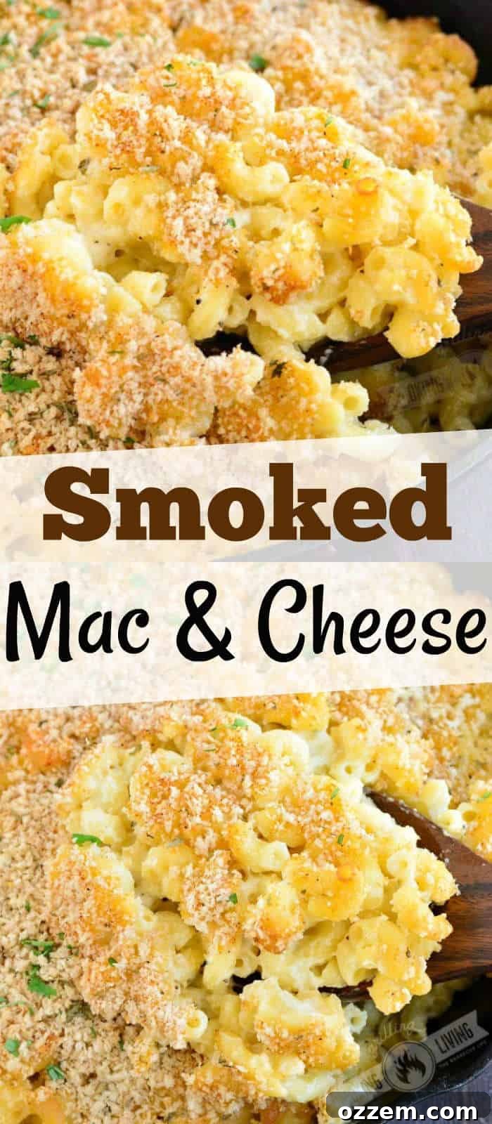 Smoky Mac and Cheese Delight 10 A two-panel collage featuring close-up images of hot, bubbly smoked mac and cheese, emphasizing its golden-brown topping and creamy interior.