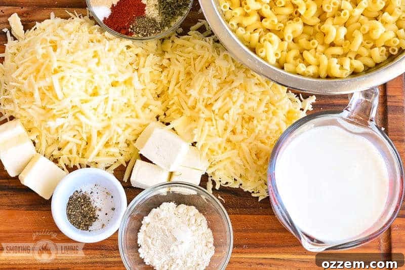 Smoky Mac and Cheese Delight 3 Assorted ingredients for smoked mac and cheese, including various cheeses, milk, butter, and pasta, neatly arranged on a wooden cutting board.