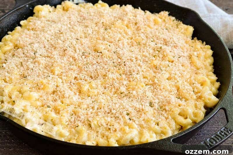 Smoky Mac and Cheese Delight 6 An unsmoked cast iron skillet filled with creamy mac and cheese, topped with golden breadcrumbs, ready to go into the smoker.