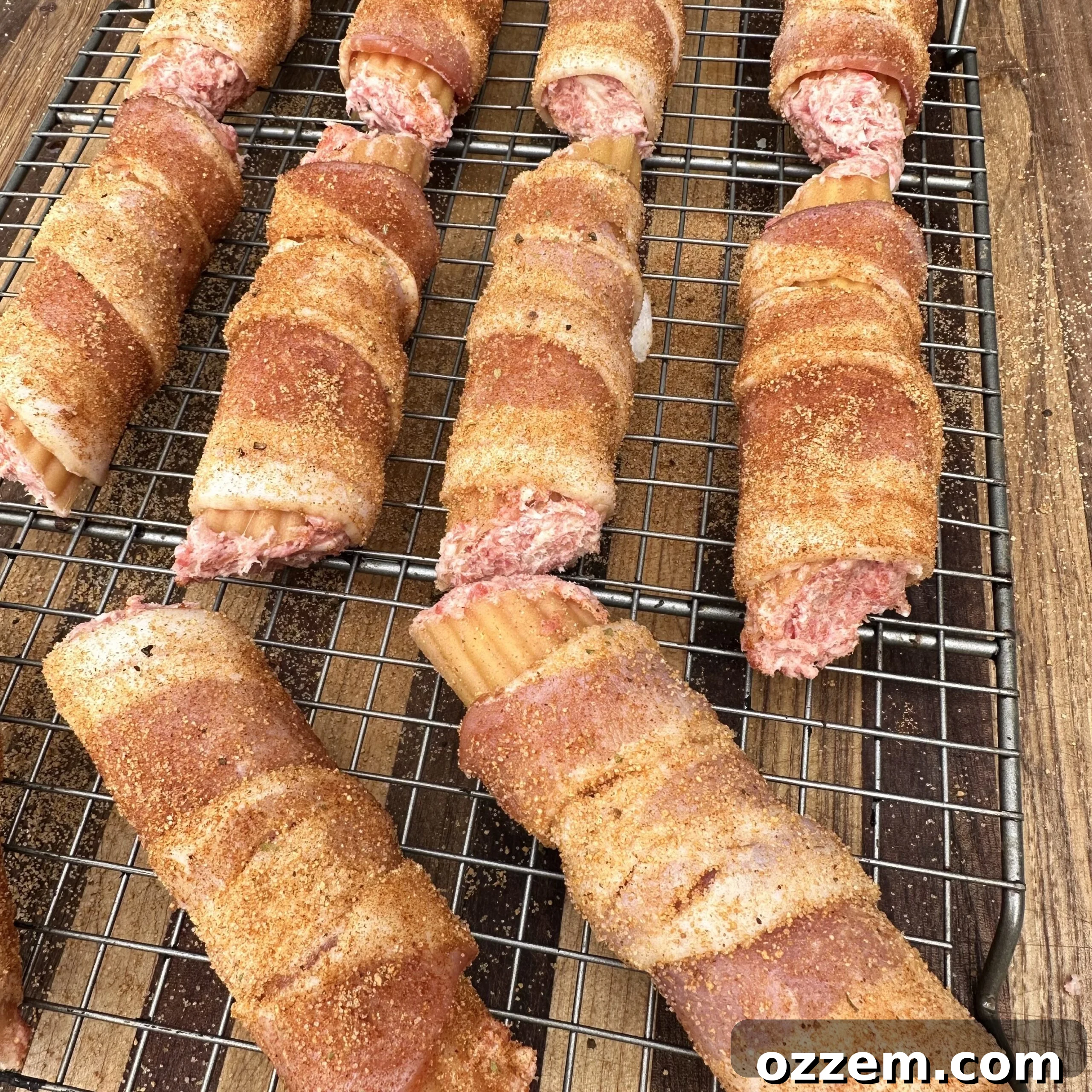 Rows of bacon-wrapped BBQ shotgun shells, seasoned and ready for smoking on a grill grate, promising a delicious outcome.