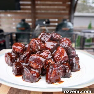 pork belly burnt ends on a plate, ready to be enjoyed