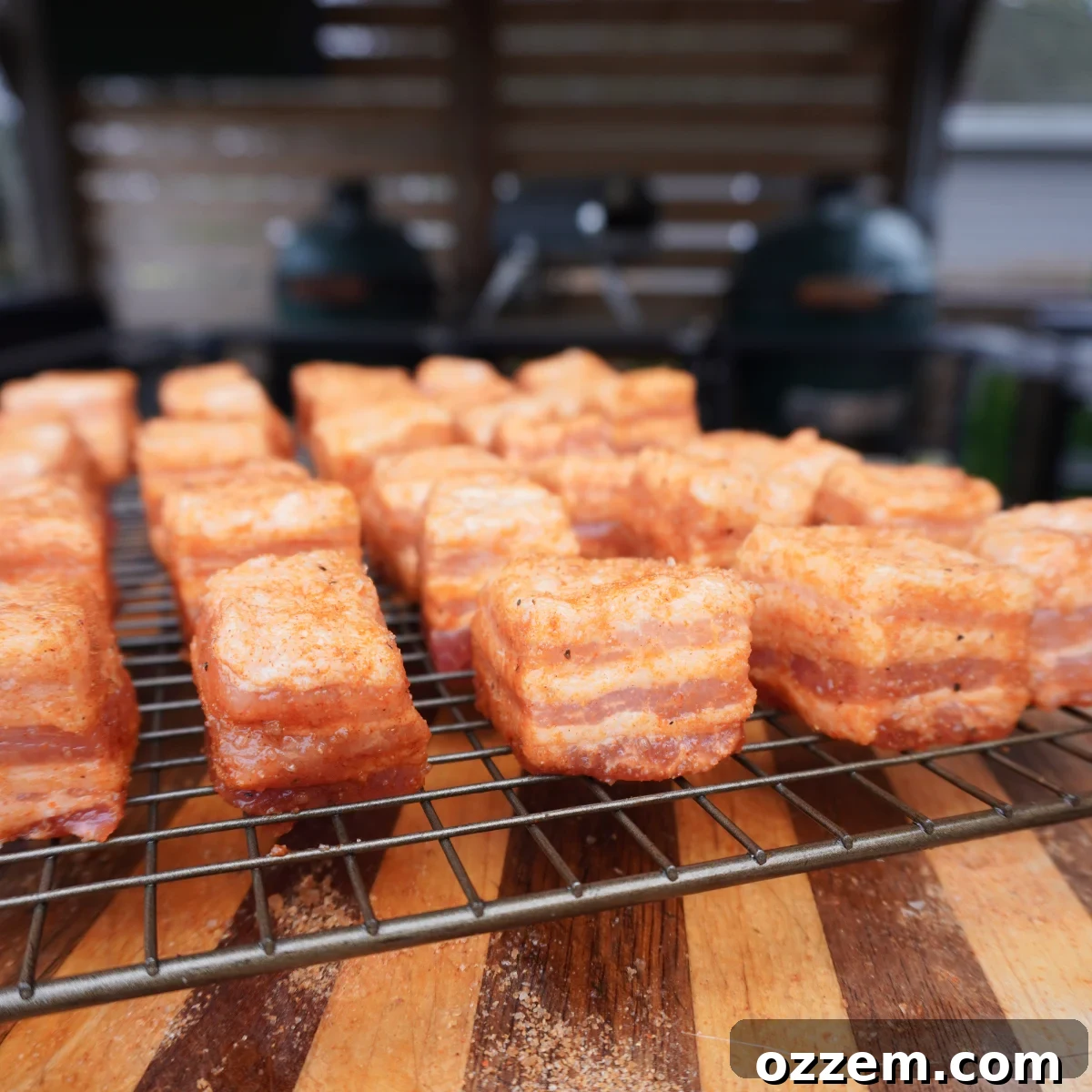 Pork belly burnt ends smoking on a wire rack on the grill.