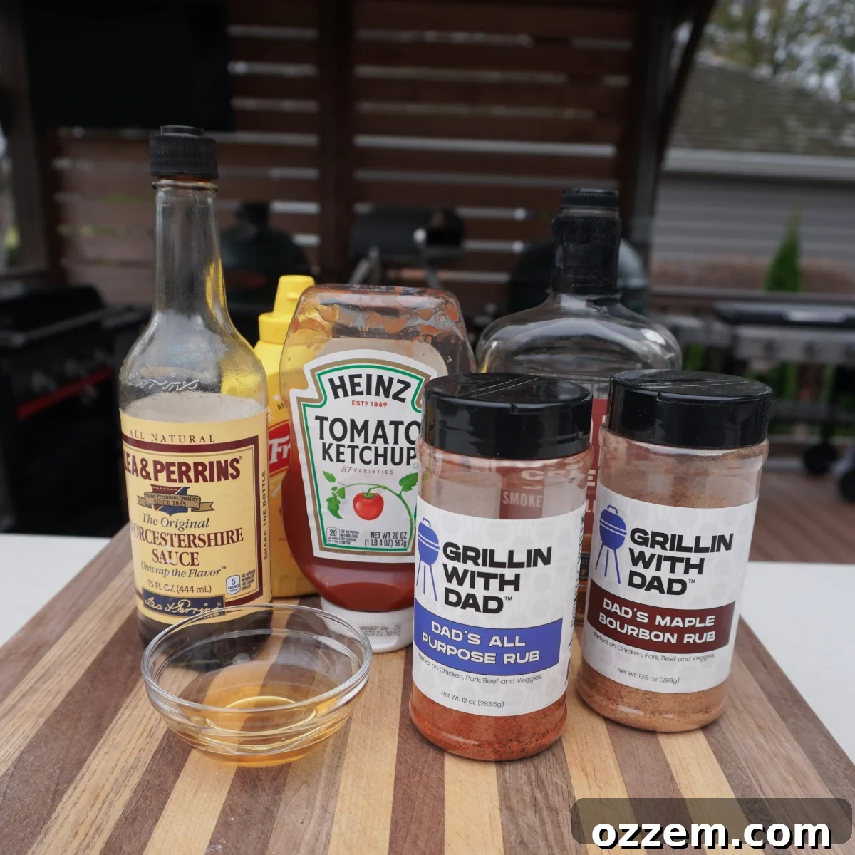 Ingredients for homemade maple bourbon BBQ sauce in individual bowls.