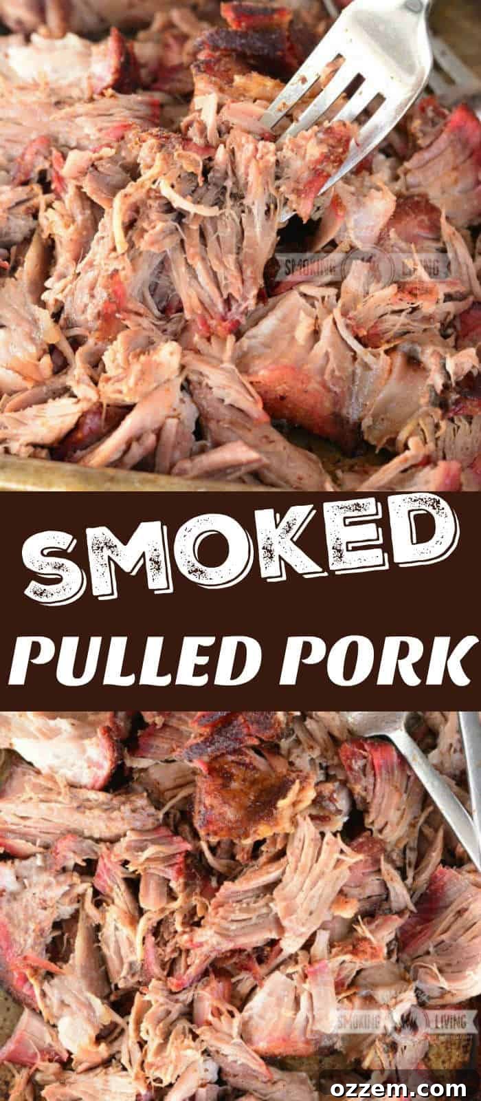 Pulled Pork Perfection 11 A two-image collage showing pulled pork being scooped with a fork on the left, and a full sheet pan of shredded pork on the right.