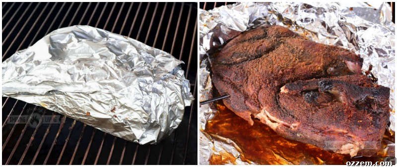 Pulled Pork Perfection 6 A collage of two images: on the left, pork wrapped tightly in foil; on the right, unwrapped pork with a visible dark bark.