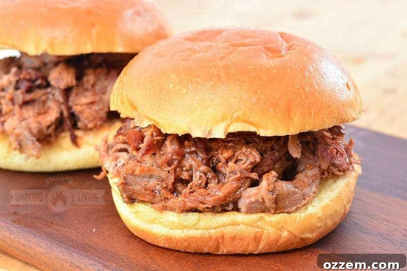 Pulled Pork Perfection 9 A delicious pulled pork sandwich served on a soft Brioche bun, garnished with pickles and a rich sauce.
