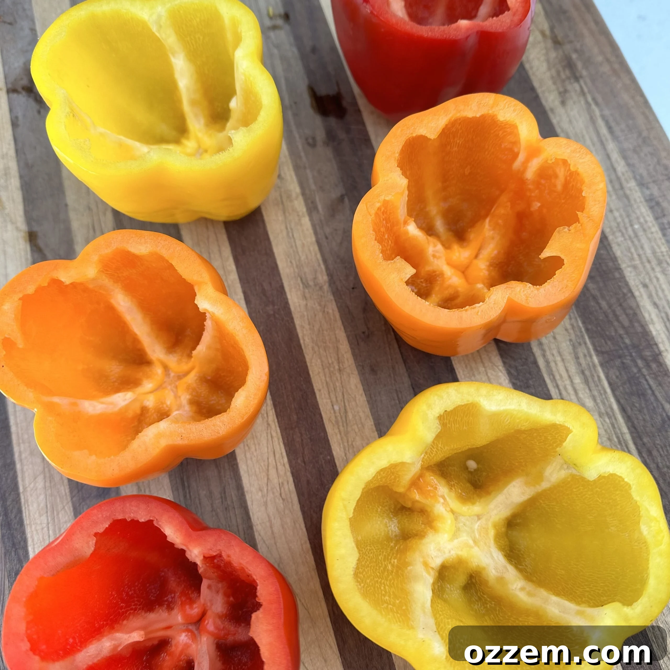 Hollowed out bell peppers ready for stuffing.