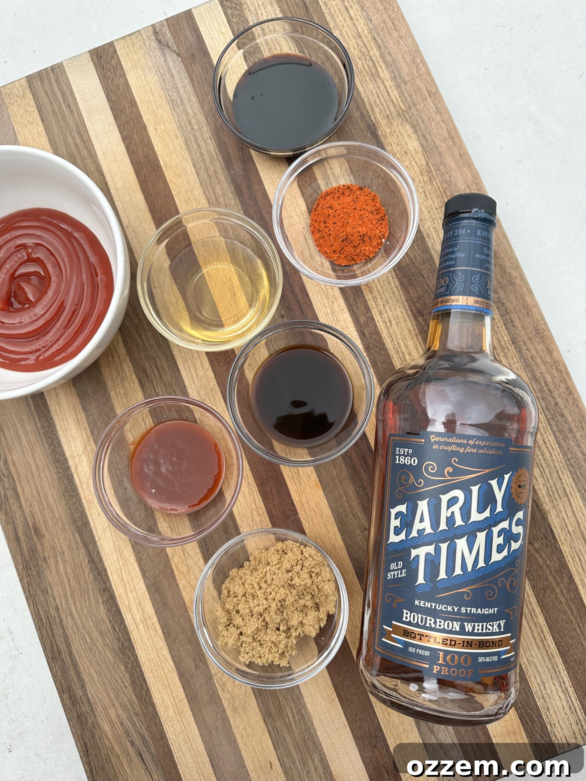 Ingredients for homemade bourbon BBQ sauce laid out