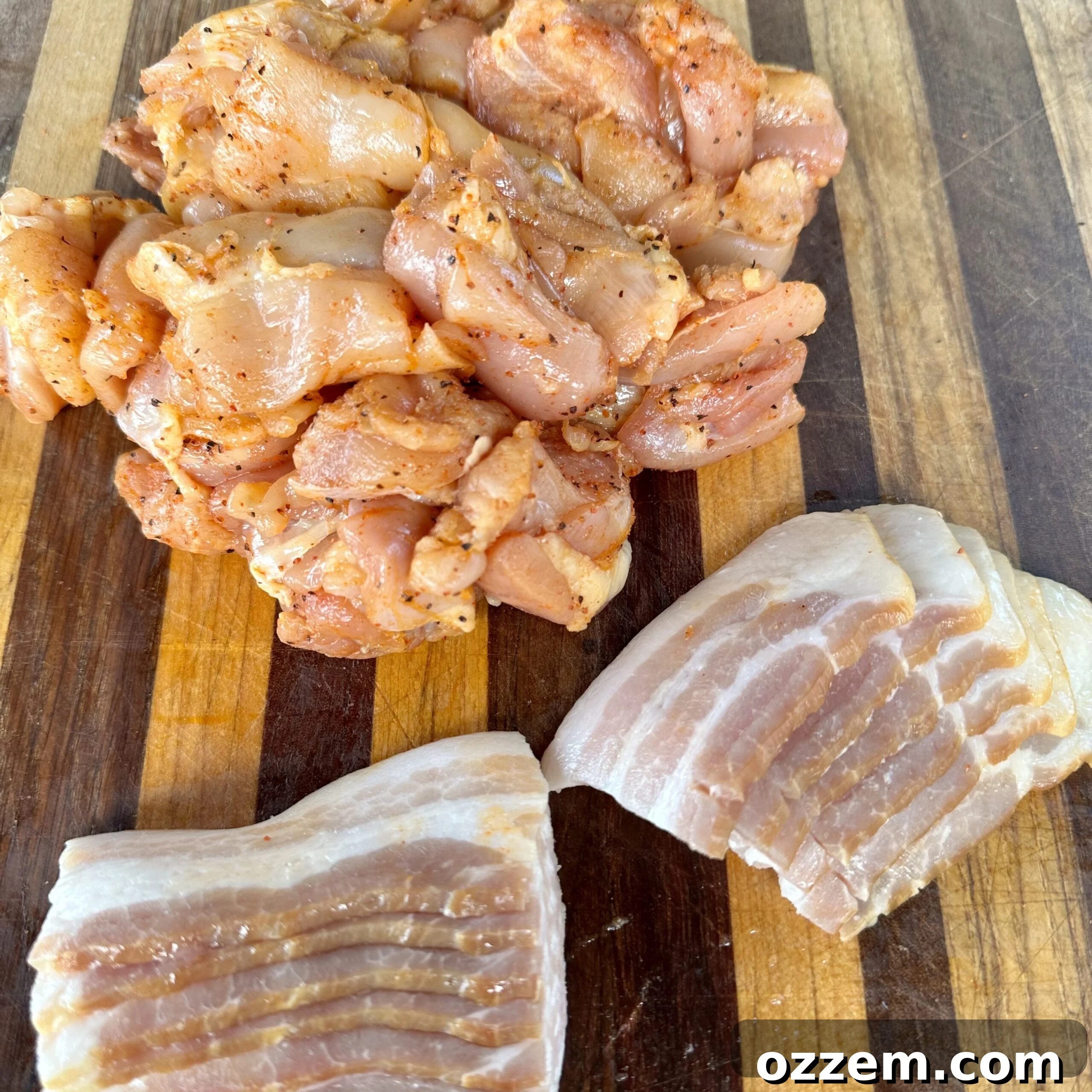 Chicken pieces being wrapped in bacon slices.