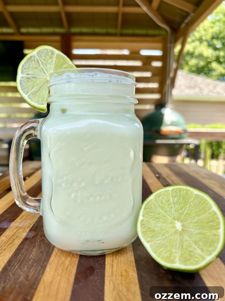A vibrant glass of Brazilian Lemonade garnished with fresh lime slices and mint, invitingly cold and creamy.