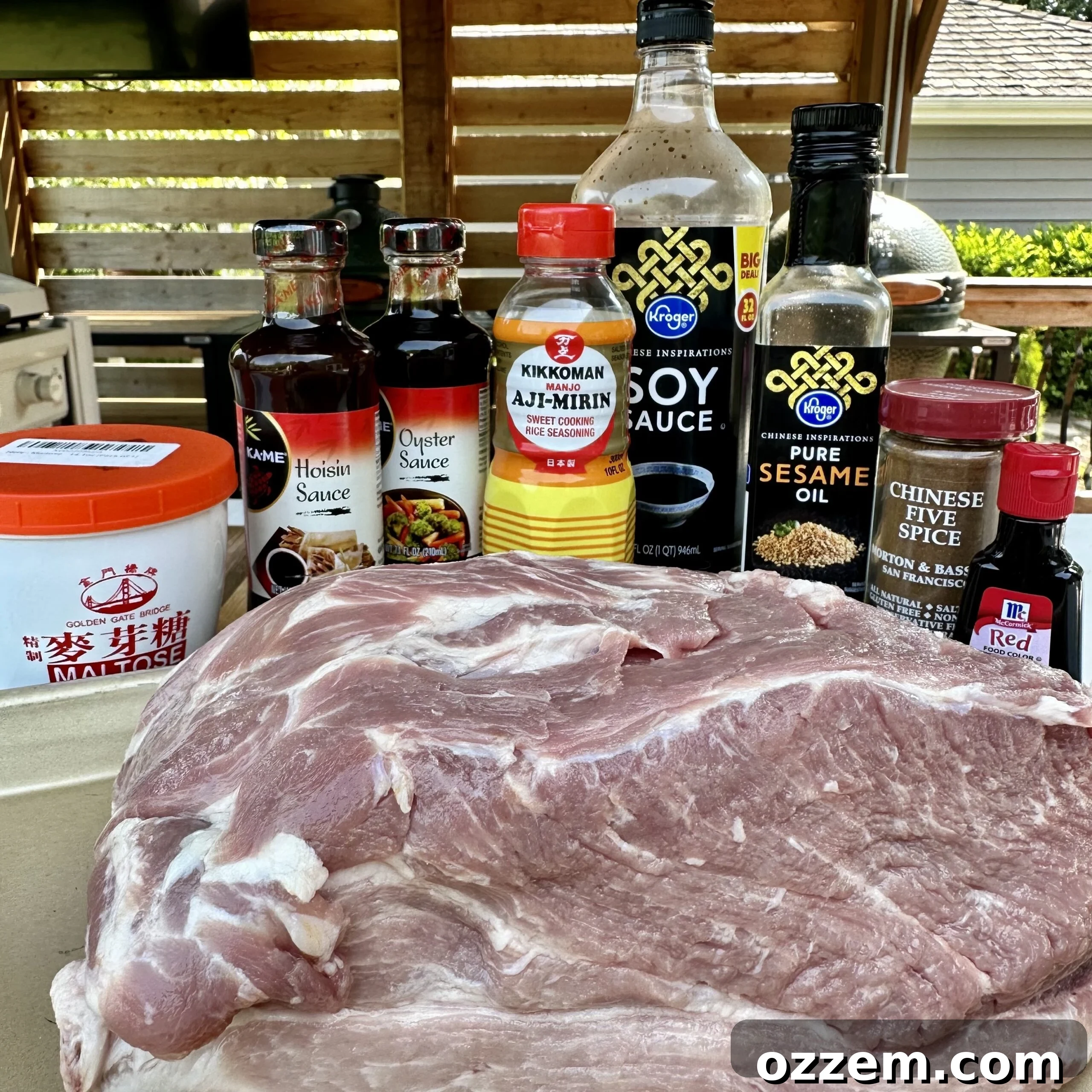 Sticky Sweet Char Siu 3 Ingredients for Chinese BBQ Pork marinade laid out on a table.