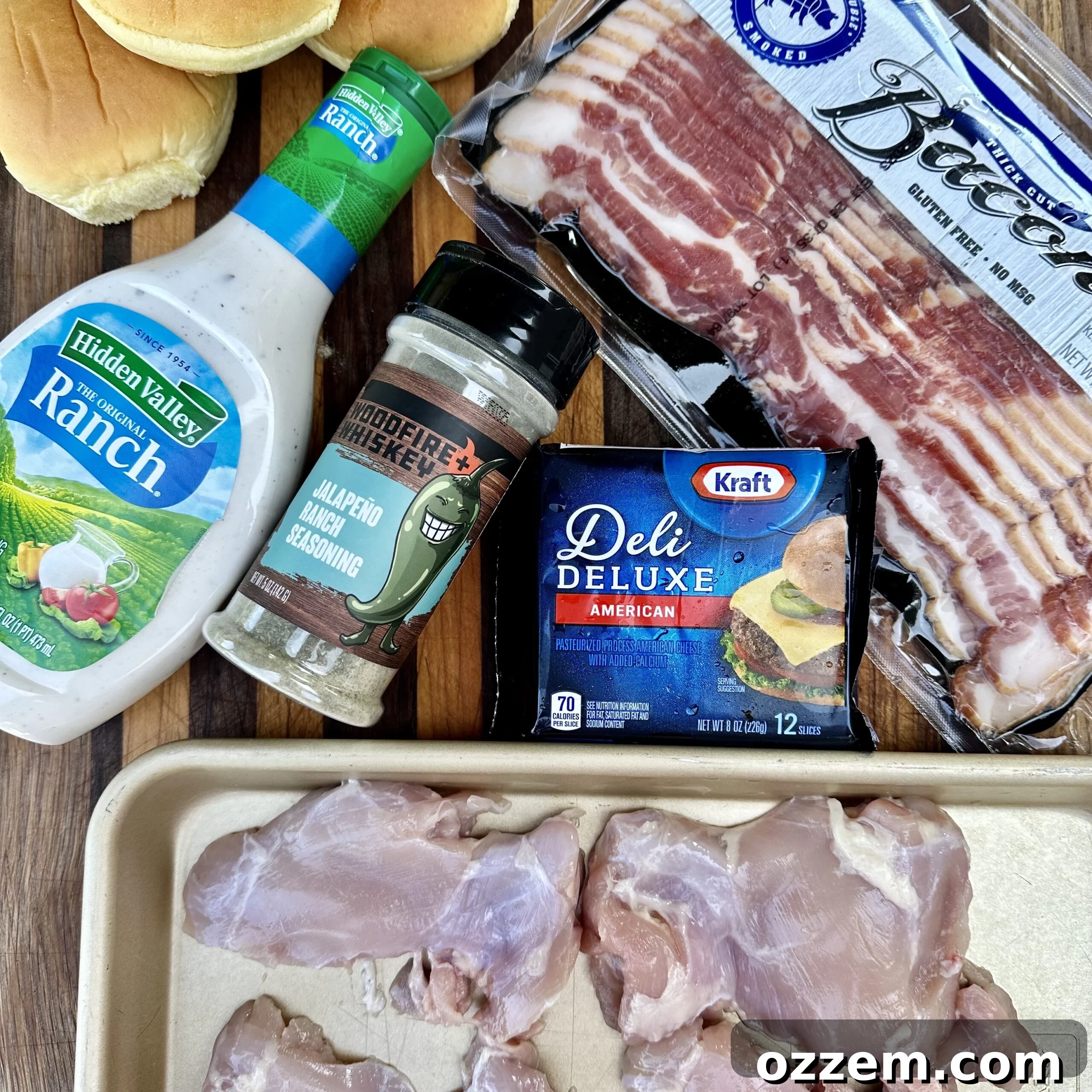 Key ingredients for Chicken Bacon Ranch Sliders, including chicken, bacon, cheese, and seasoning