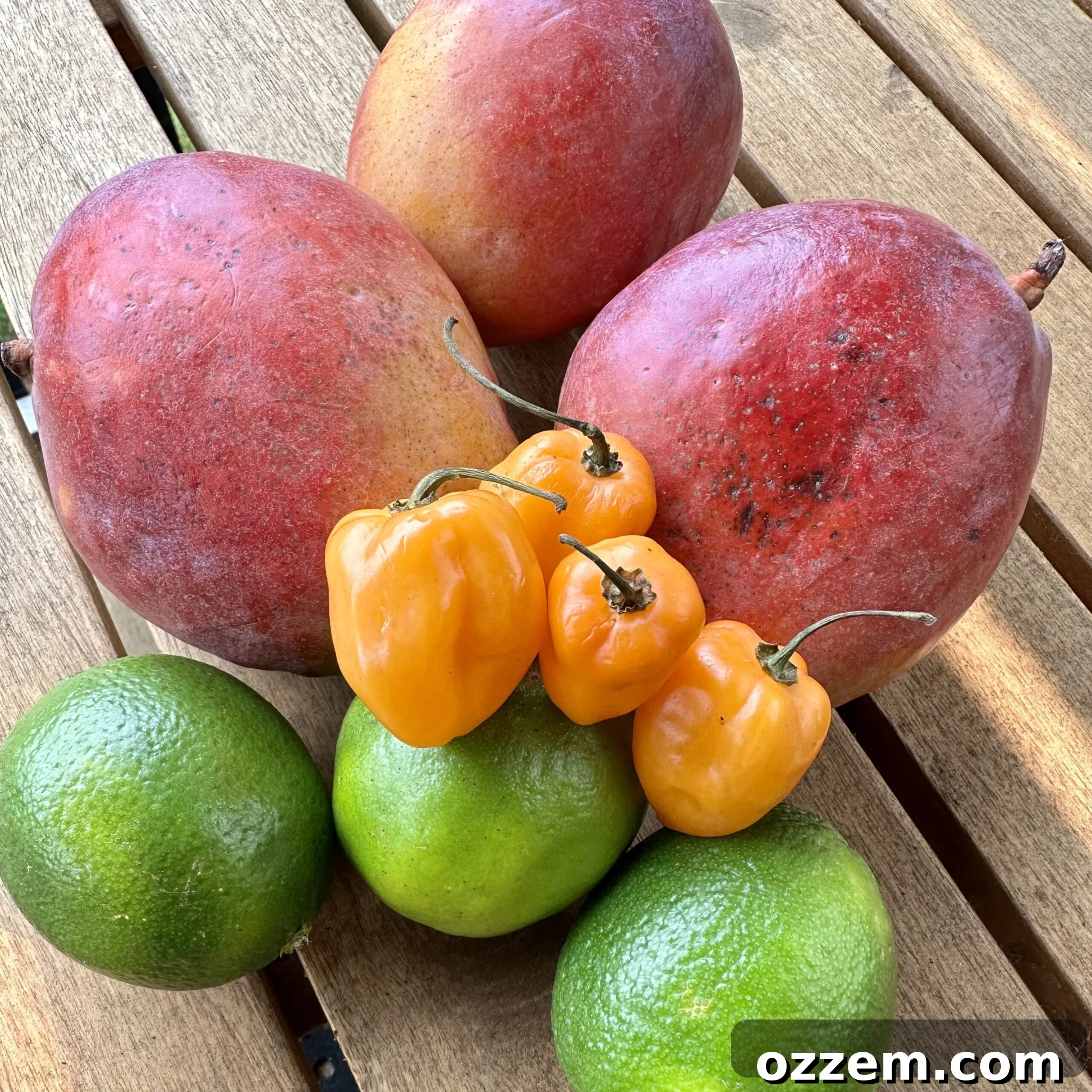 Fresh mango and habanero pepper for sauce preparation.