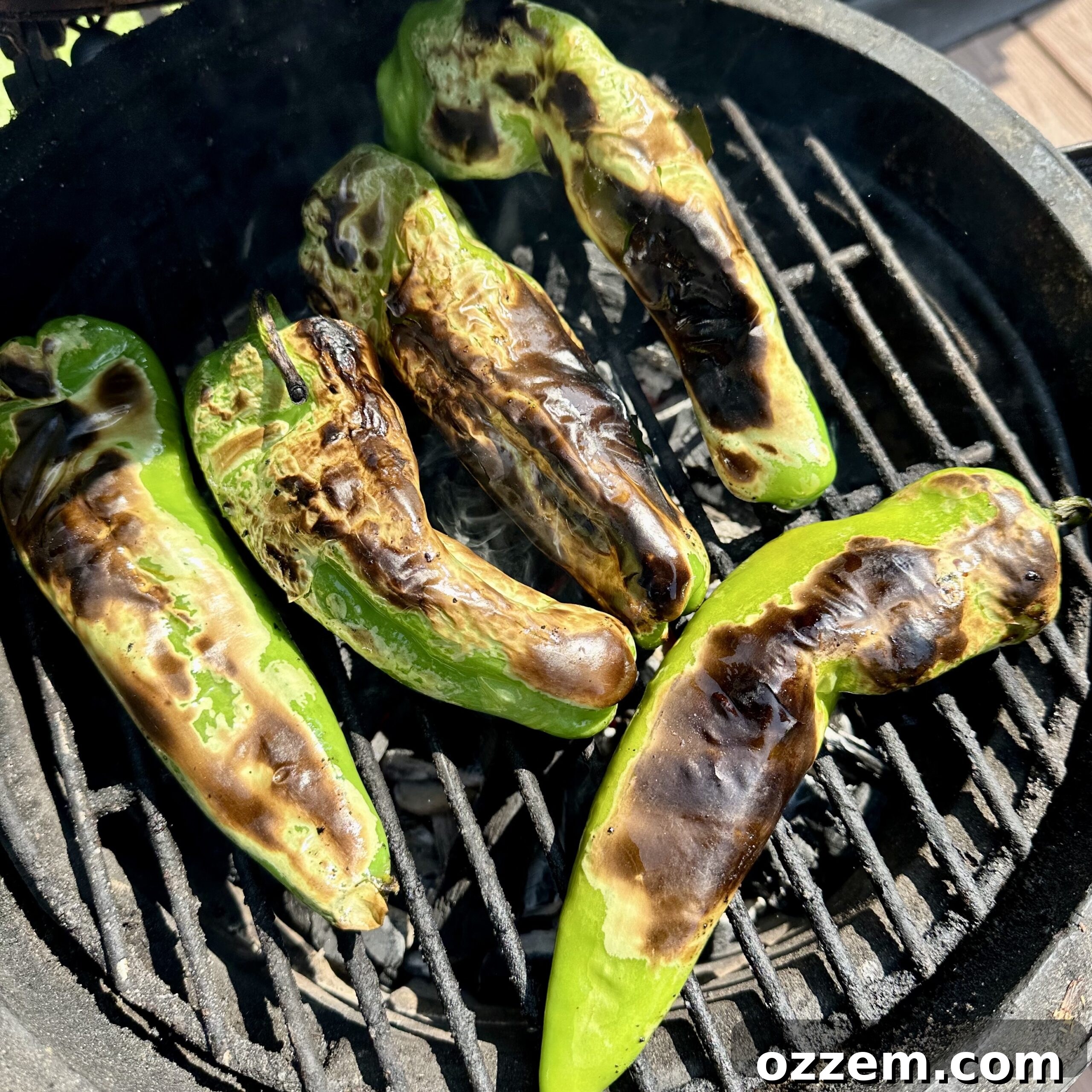 Roasted Hatch chiles with a beautiful char on the grill.