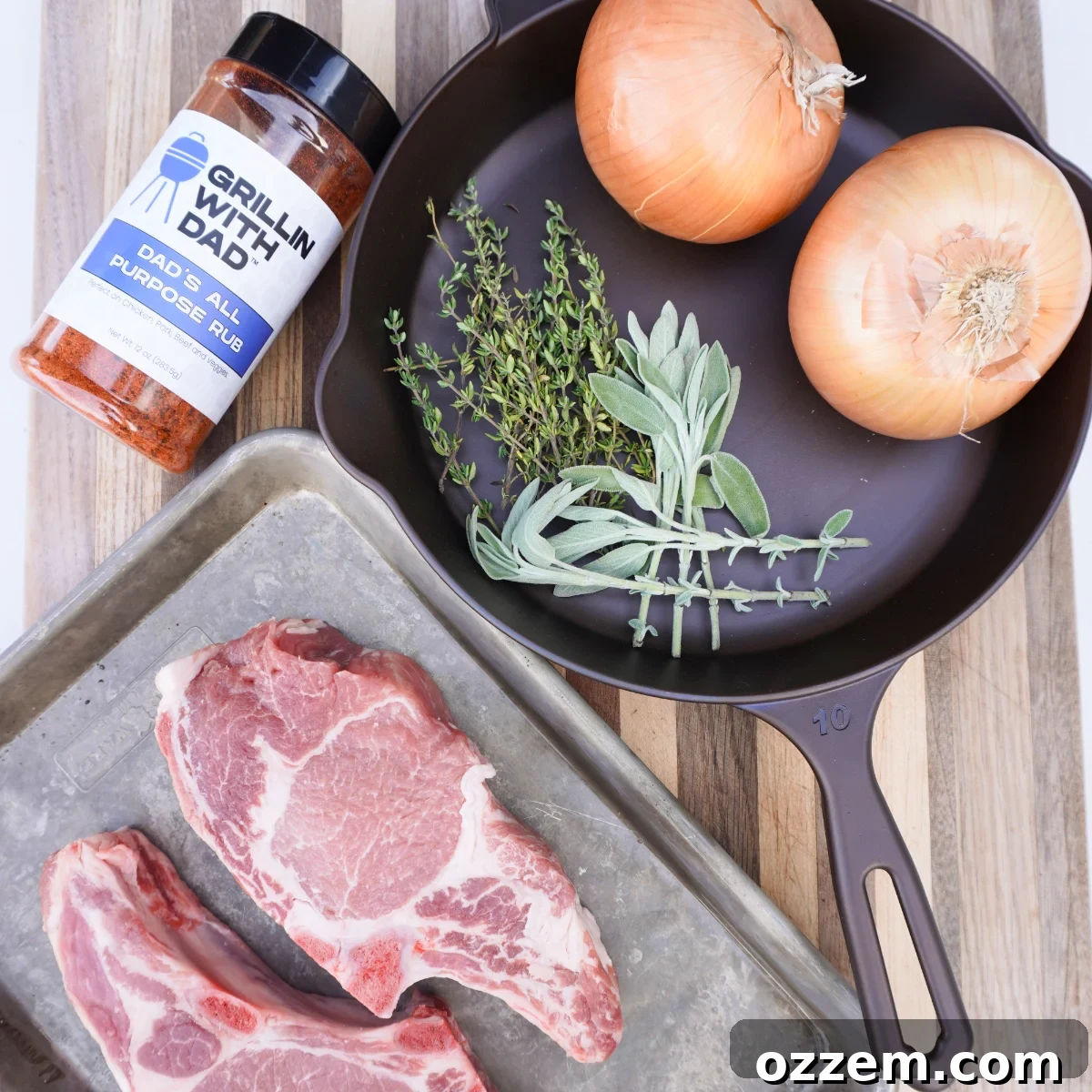 Succulent Pork Chops with Robust Beer Gravy 3 Raw pork chops marinating in beer with seasoning in a glass dish.