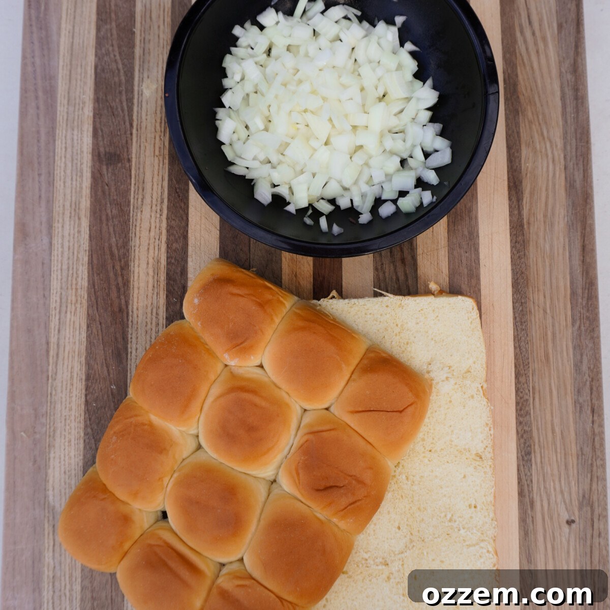 sliced kings hawaiian sliders and diced onion.