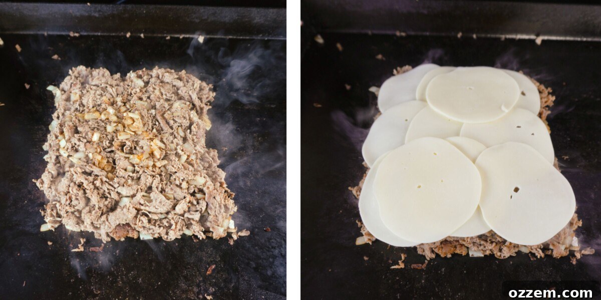 cooked ribeye steak and onions on the left, covered in provolone cheese on the right.