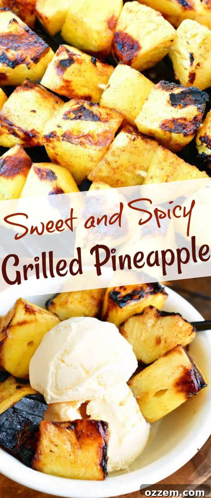 collage of two images of pineapple chunks on the grill on top and pineapple chunks and ice cream in a bowl on the bottom