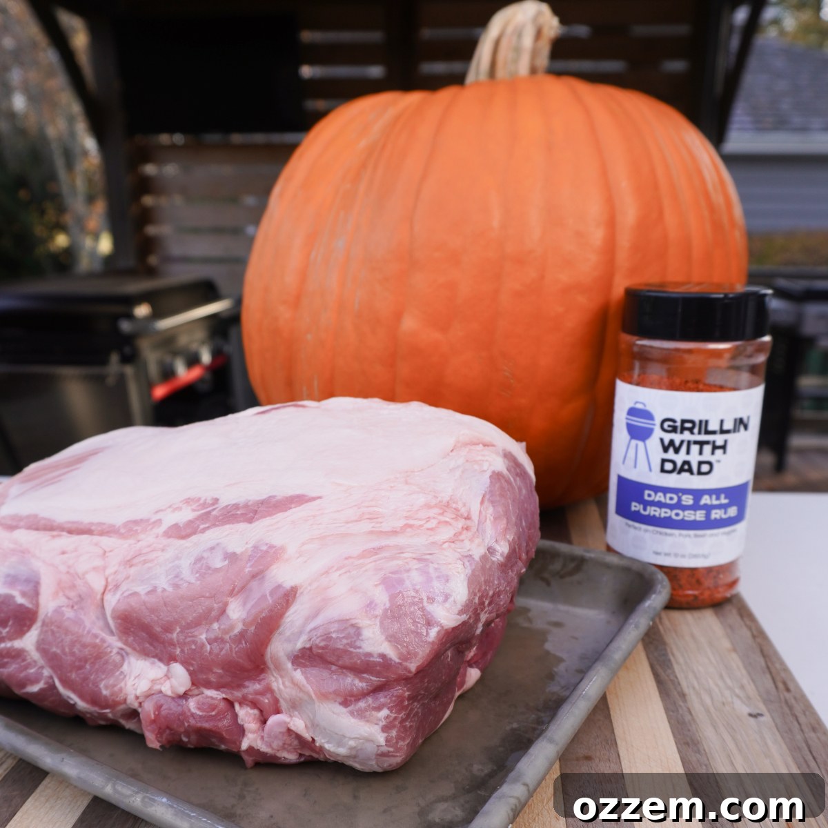pork shoulder, pumpkin and all purpose bbq rub laid out for preparation