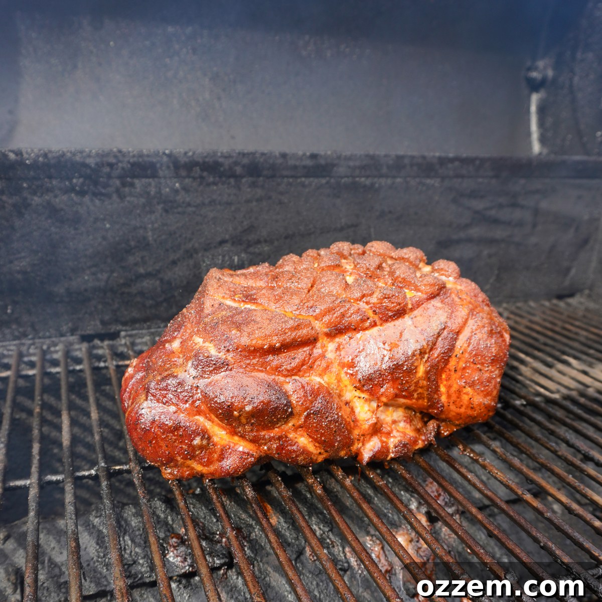 pork shoulder smoking on a grill, developing a dark bark