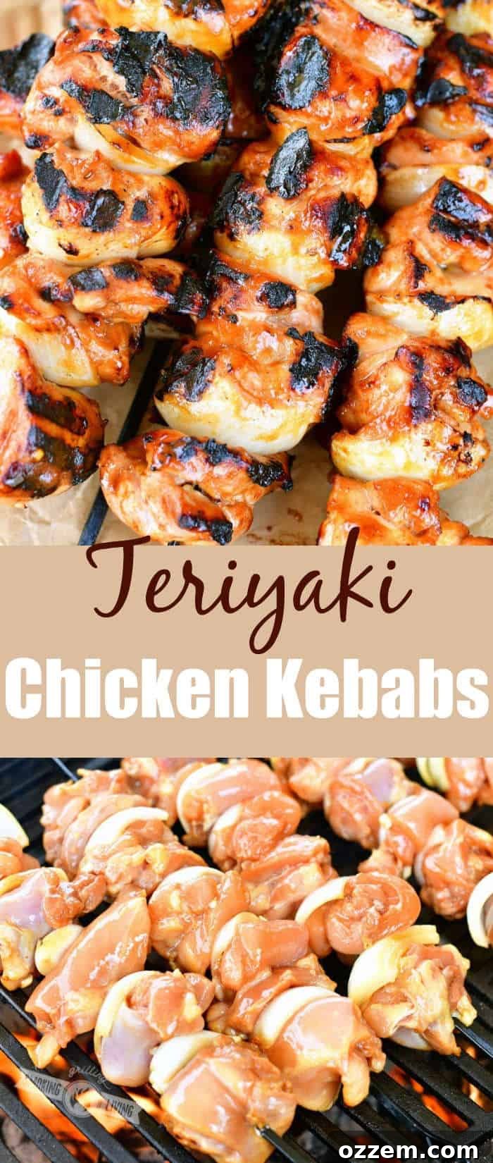 Collage of two images: top shows grilled teriyaki chicken kebabs on a tray, bottom shows uncooked kebabs on the grill over coals.