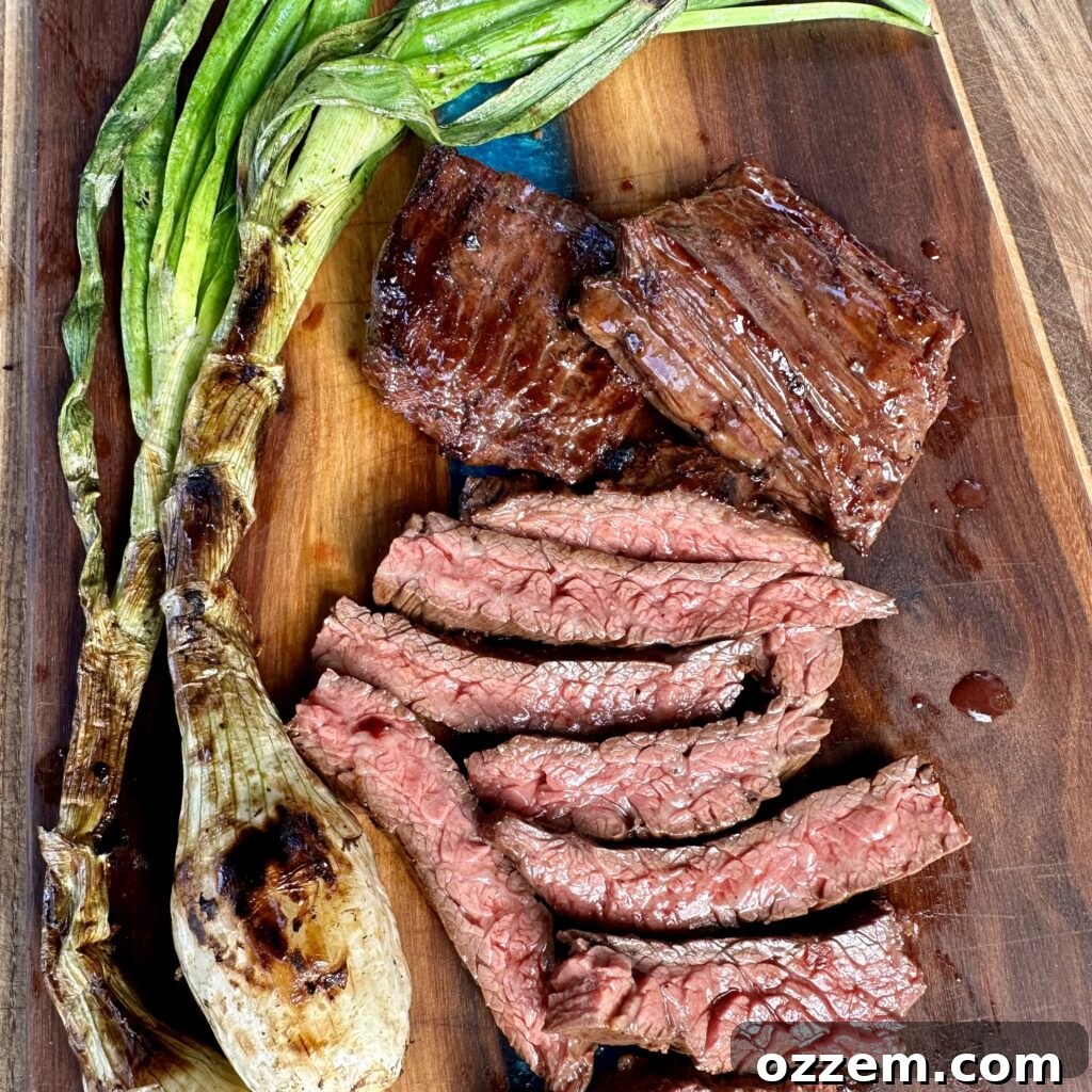 Beautifully grilled marinated skirt steak, sliced and ready to serve