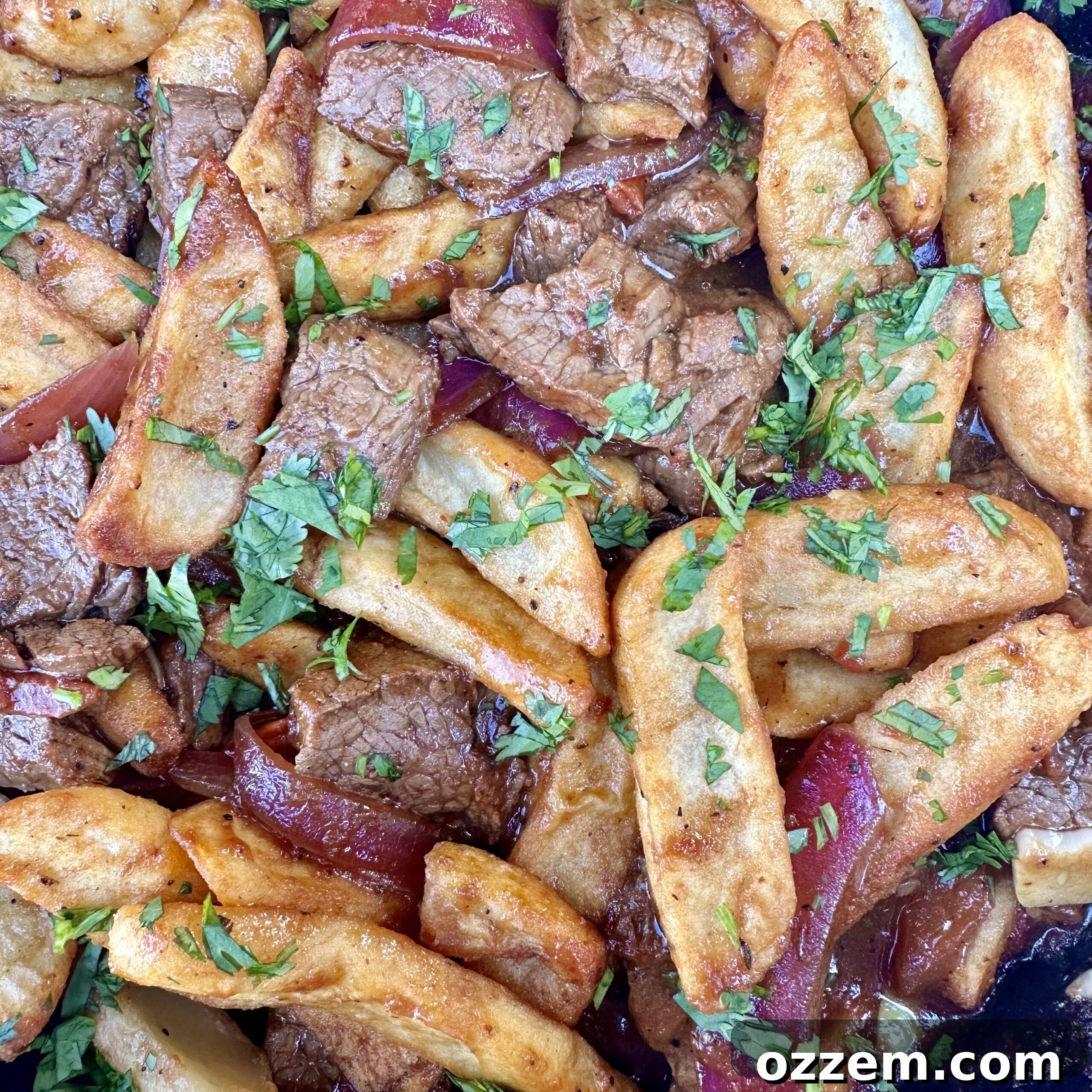 A close-up of a sizzling Peruvian Beef Stir Fry (Lomo Saltado) in a cast iron skillet, featuring tender beef, colorful vegetables, and a rich sauce.
