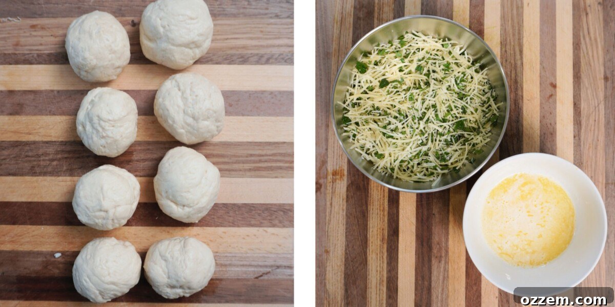 Savory Cheese Muffins 4 Prepped biscuit dough balls, melted seasoned butter, and shredded Italian cheese blend mixed with parsley in separate bowls, ready for coating the muffins.