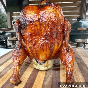 Final plated smoked beer can chicken, juicy and ready to eat