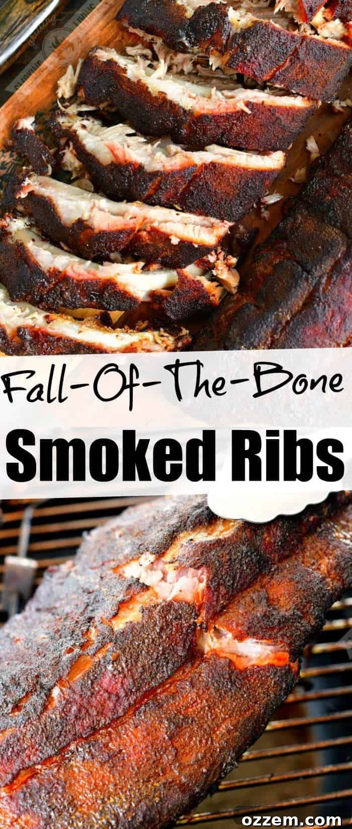 collage of two images on cut rack of ribs on top and cracking a rack of ribs on the grill on the bottom