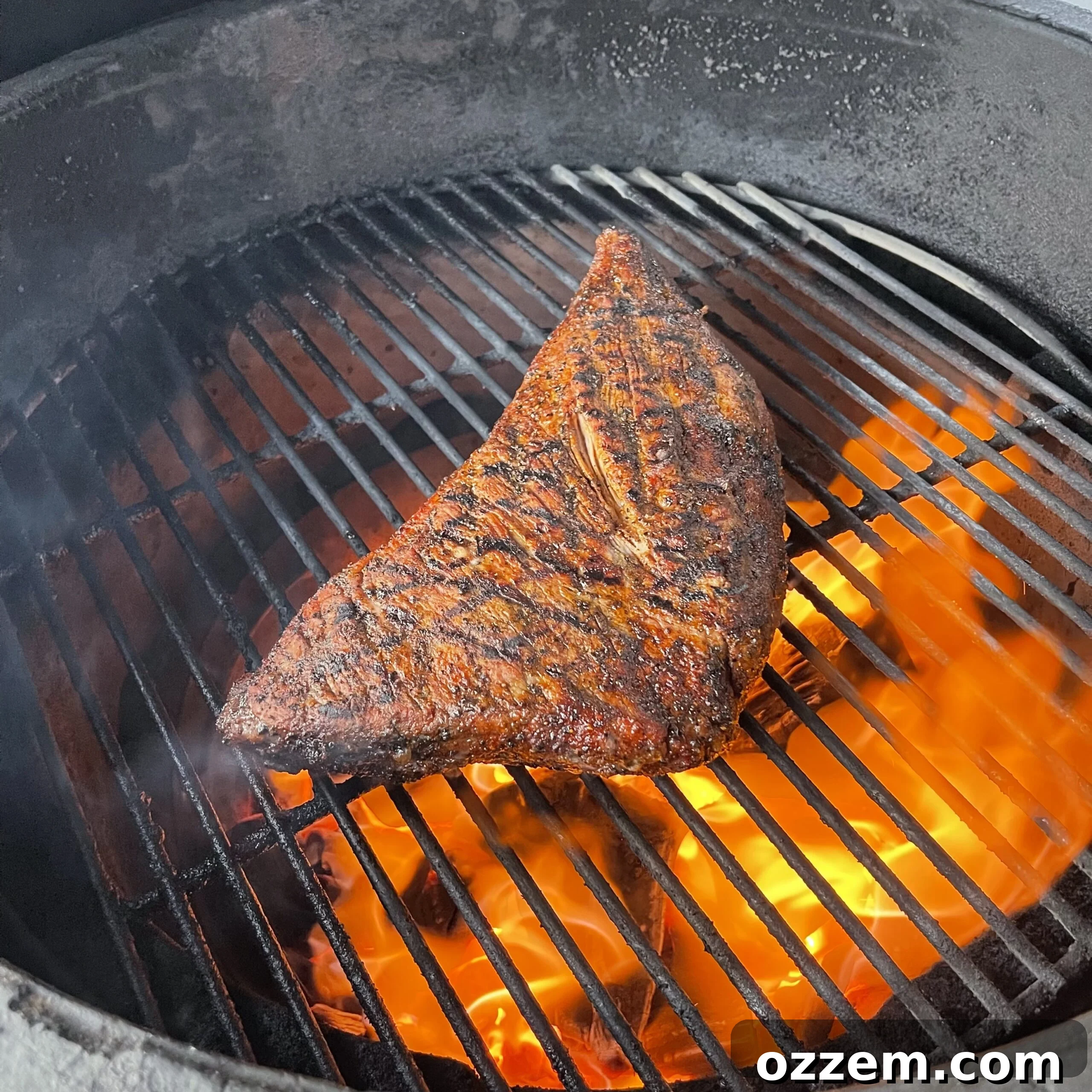 Grilled Beef Tri-Tip resting on the grill grate