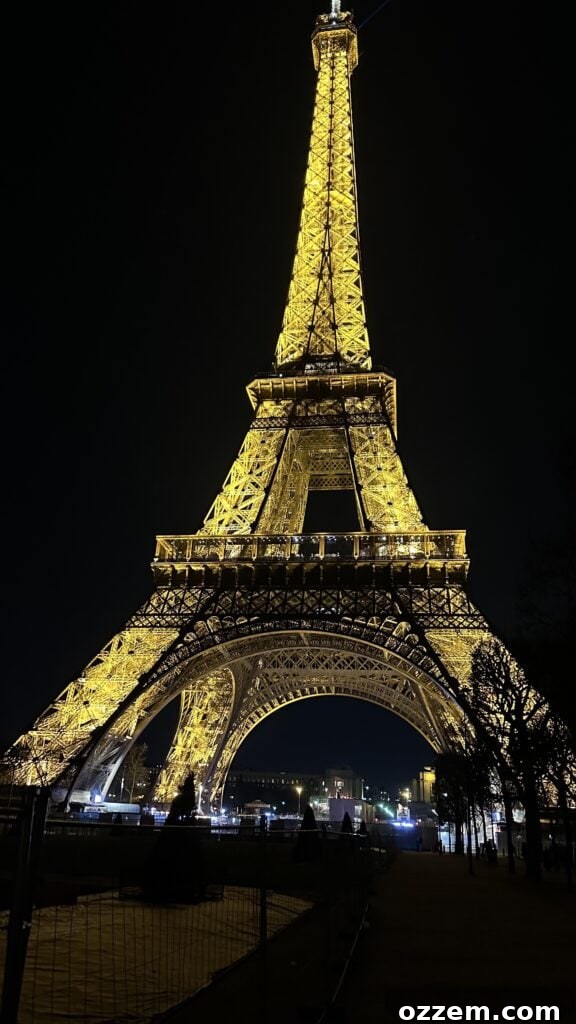 Eiffel Tower at night with sparkling lights