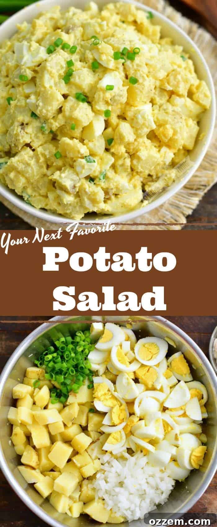 collage of two images of mixed potato salad in a white bowl on top and mixing bowl with unmixed ingredients on the bottom