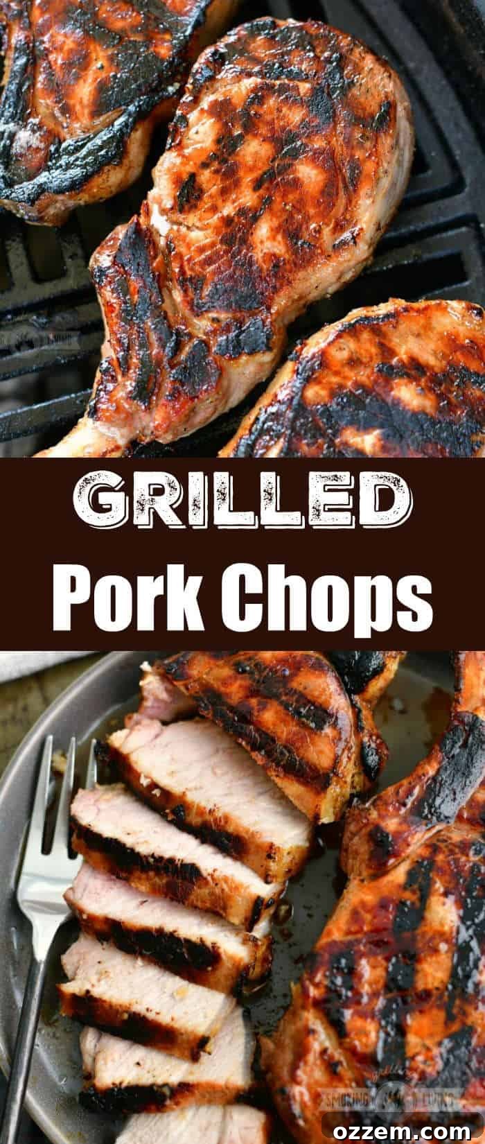 A collage of two images: grilled pork chops on the top, and a sliced pork chop on a plate on the bottom, showcasing the delicious end result.