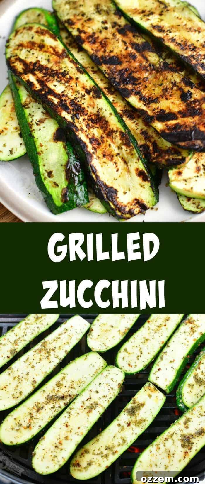 A collage of two images: the top showing perfectly grilled zucchini slices on a plate, and the bottom showing uncooked seasoned zucchini slices arranged on a hot grill.
