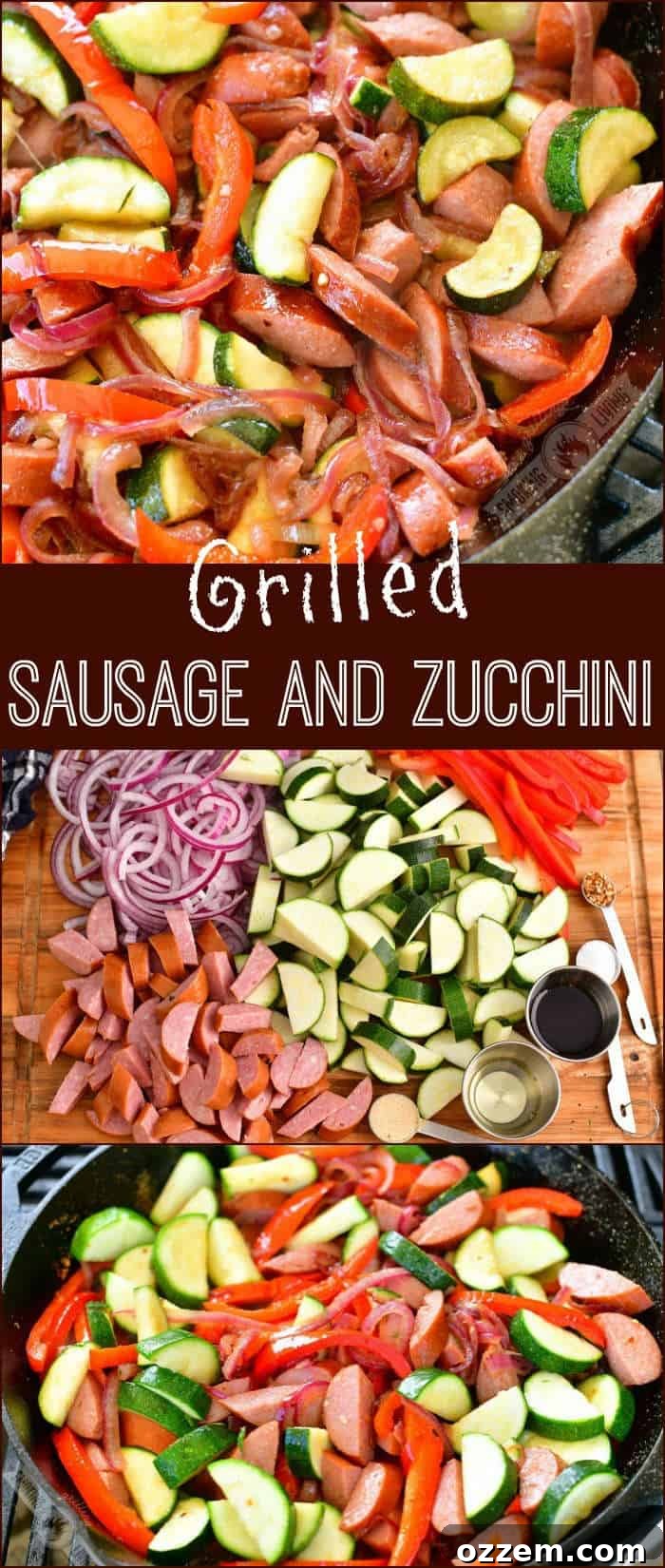 A collage featuring three enticing images: a vibrant shot of cooked grilled sausage and zucchini, a detailed flat lay of the fresh ingredients arranged on a cutting board, and an overhead view of the uncooked sausage and vegetables neatly mixed in a cast iron skillet on the grill, illustrating the entire culinary journey of this delicious recipe.