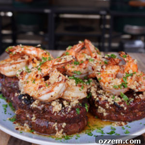 A delicious Ribeye Cap Surf & Turf dish ready to be served.