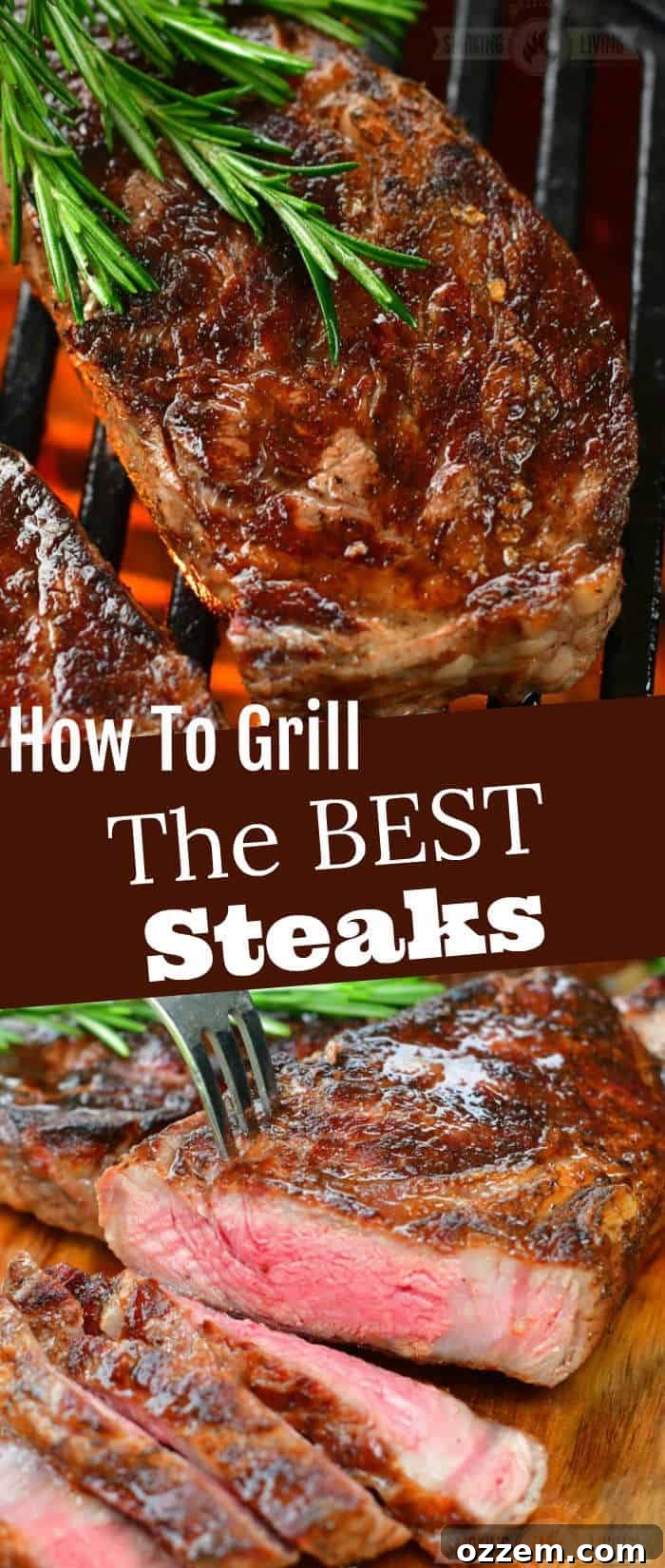 collage of two images of brushing a steak with rosemary while it's on the grill and cut steak on the cutting board on the bottom