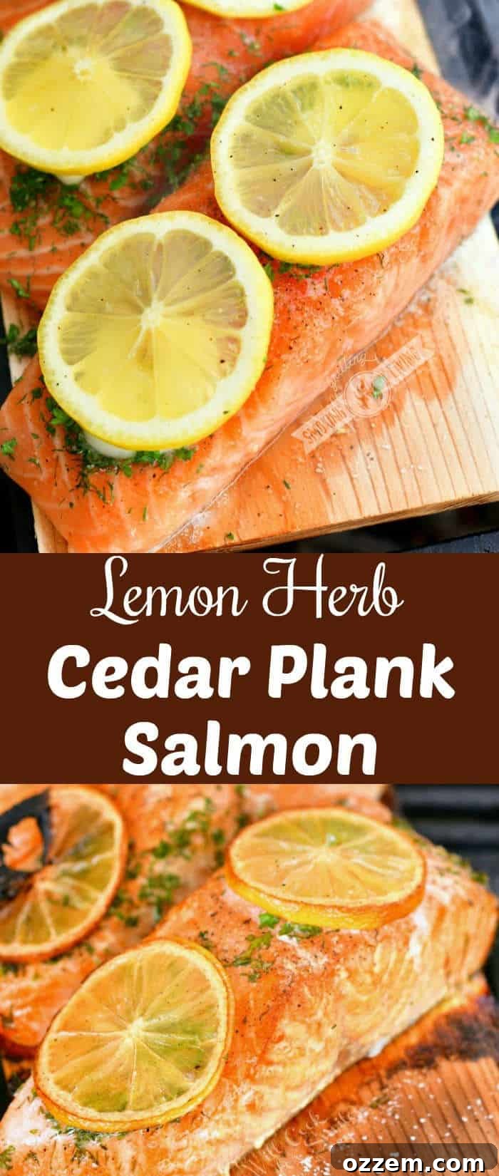 Smoky Cedar Plank Salmon with Zesty Lemon Herbs 8 collage of two images of salmon on cedar plank and cooked salmon on the plank below