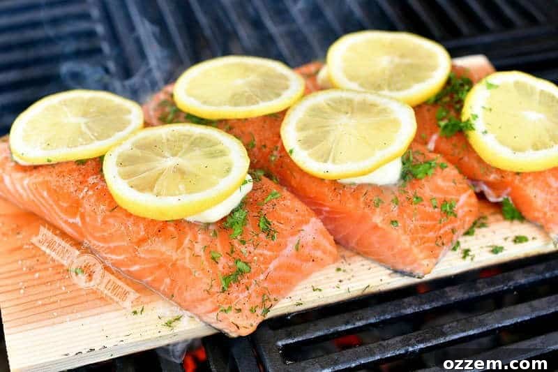 Smoky Cedar Plank Salmon with Zesty Lemon Herbs 4 uncooked salmon fillets on a wooden plank with butter, herbs, and lemon slices on top