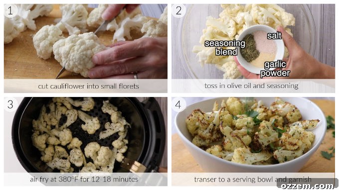 Air fryer cauliflower cooking process photo collage: cutting into florets, tossing in seasoning, air frying, and serving.